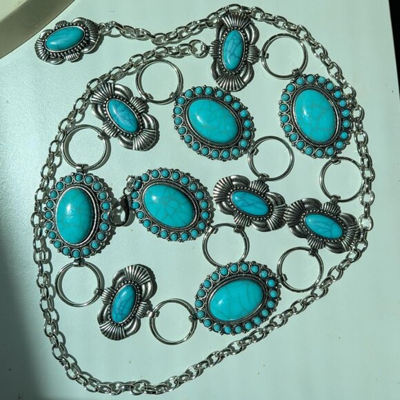 Turquoise Concho Belt for Women Silver Western Chain Belt, Cowgirl Country belt - Picture 4 of 8